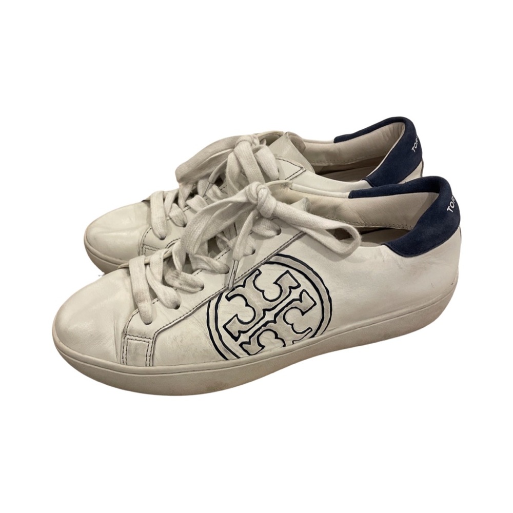 Tory Burch T- Logo White Navy Blue Sneakers Tennis Shoes Size 6 - Picture 2 of 5